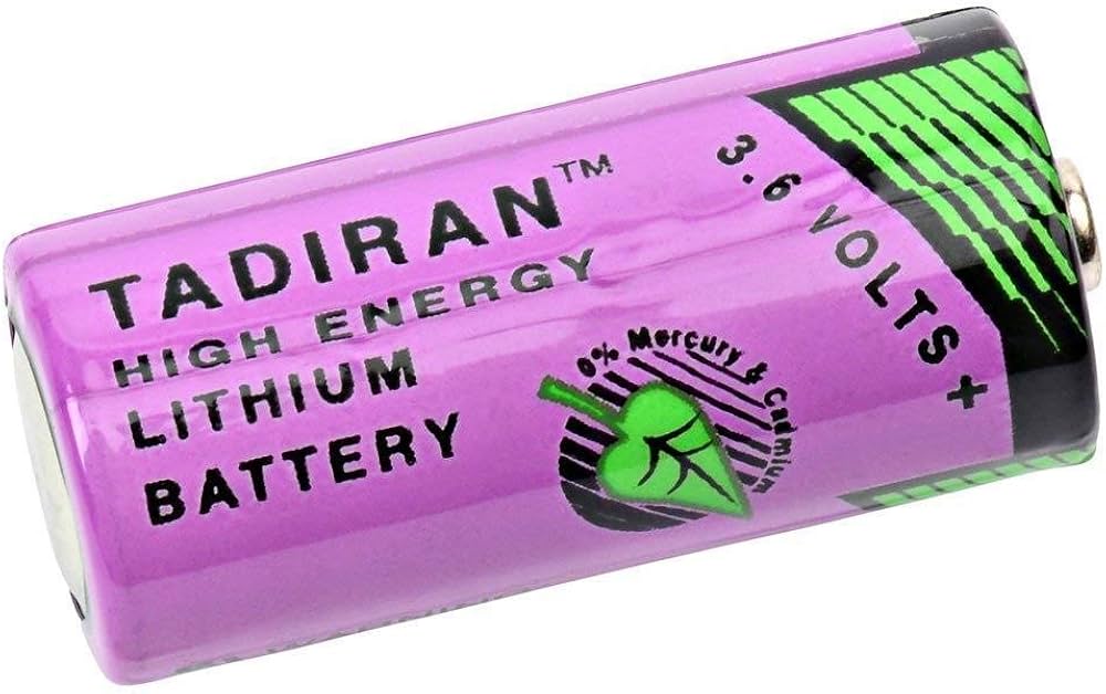 Closed up of a purple battery with the company logo TADIRAN on it.