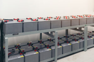 used golf cart batteries on a shelf