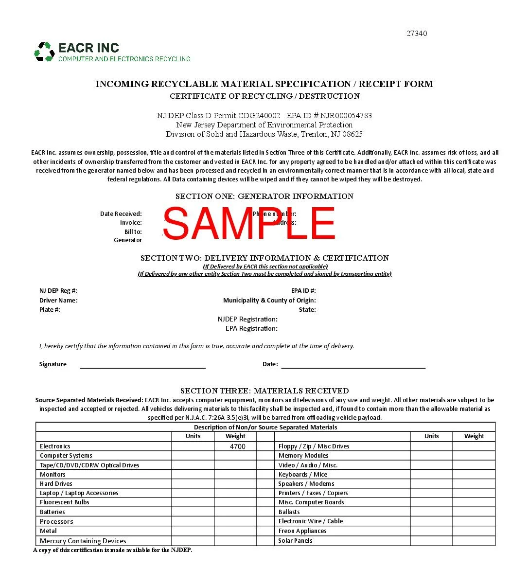 sample certificate of recycling